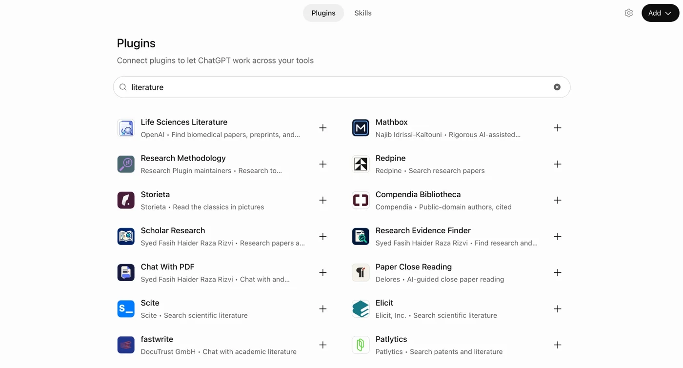 ChatGPT's Plugins page, 'Connect plugins to let ChatGPT work across your tools', with 'literature' typed in the search box. Results include Life Sciences Literature (OpenAI), Research Methodology, Scholar Research, Chat With PDF, Scite, Elicit, Research Evidence Finder, Paper Close Reading and others, each with a plus button to add it.