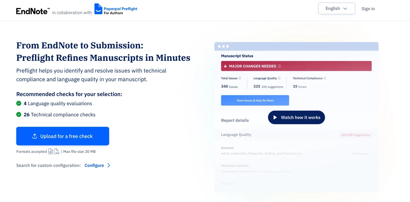 Paperpal Preflight's page for EndNote users: 'From EndNote to Submission: Preflight Refines Manuscripts in Minutes', with an 'Upload for a free check' button (formats accepted: Word and PDF; maximum file size 20 MB). On the right, an example report: Manuscript Status, Major changes needed; 340 issues in total, 325 language quality edit suggestions and 15 technical compliance errors.