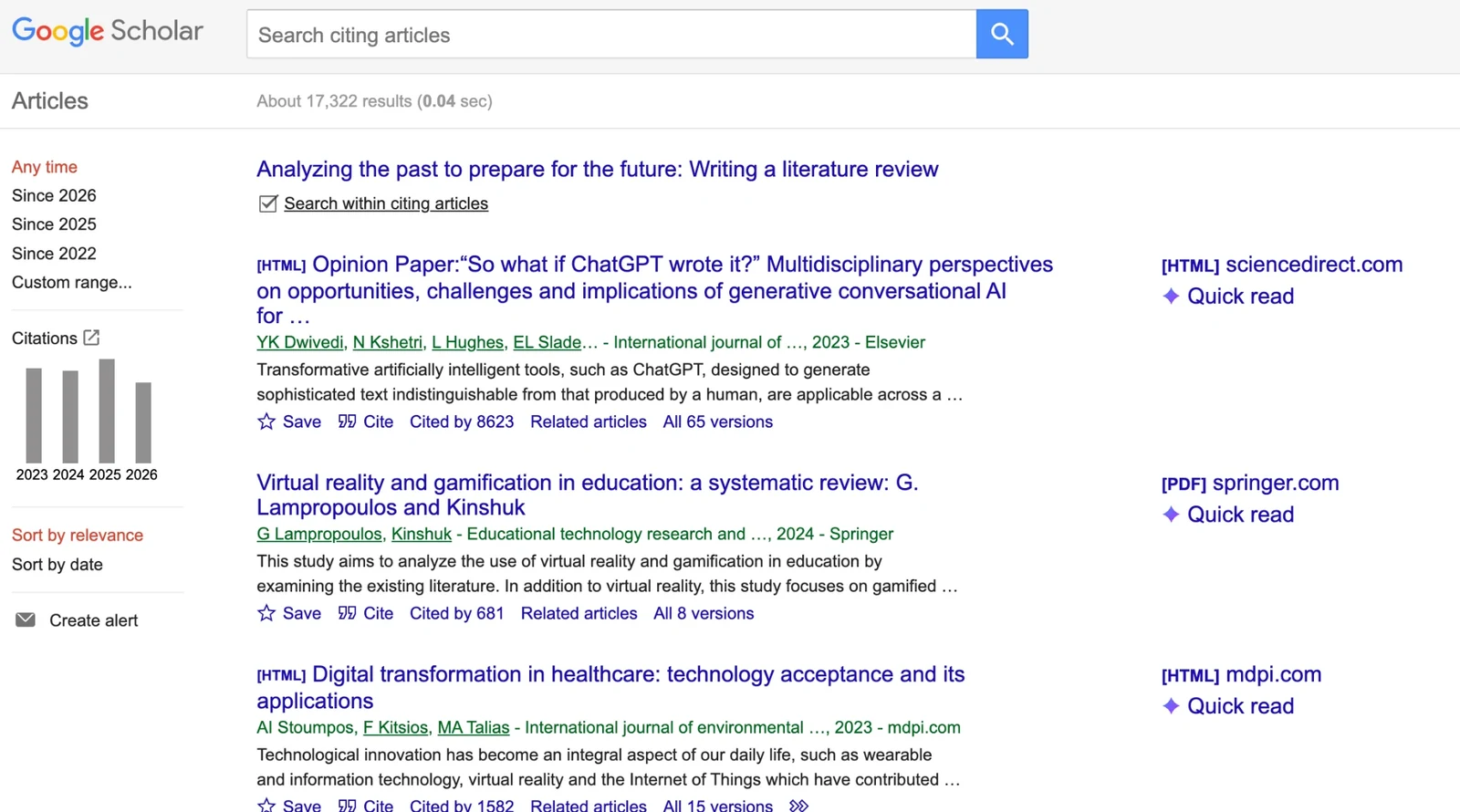 Google Scholar's list of the about 17,322 papers that cite Webster and Watson (2002). At the top, a search box reading 'Search citing articles'; under the paper's title, a ticked box, 'Search within citing articles'. On the left: Any time, Since 2026, Since 2025, Since 2022 and Custom range; a small chart of citations per year; Sort by relevance and Sort by date; and Create alert.