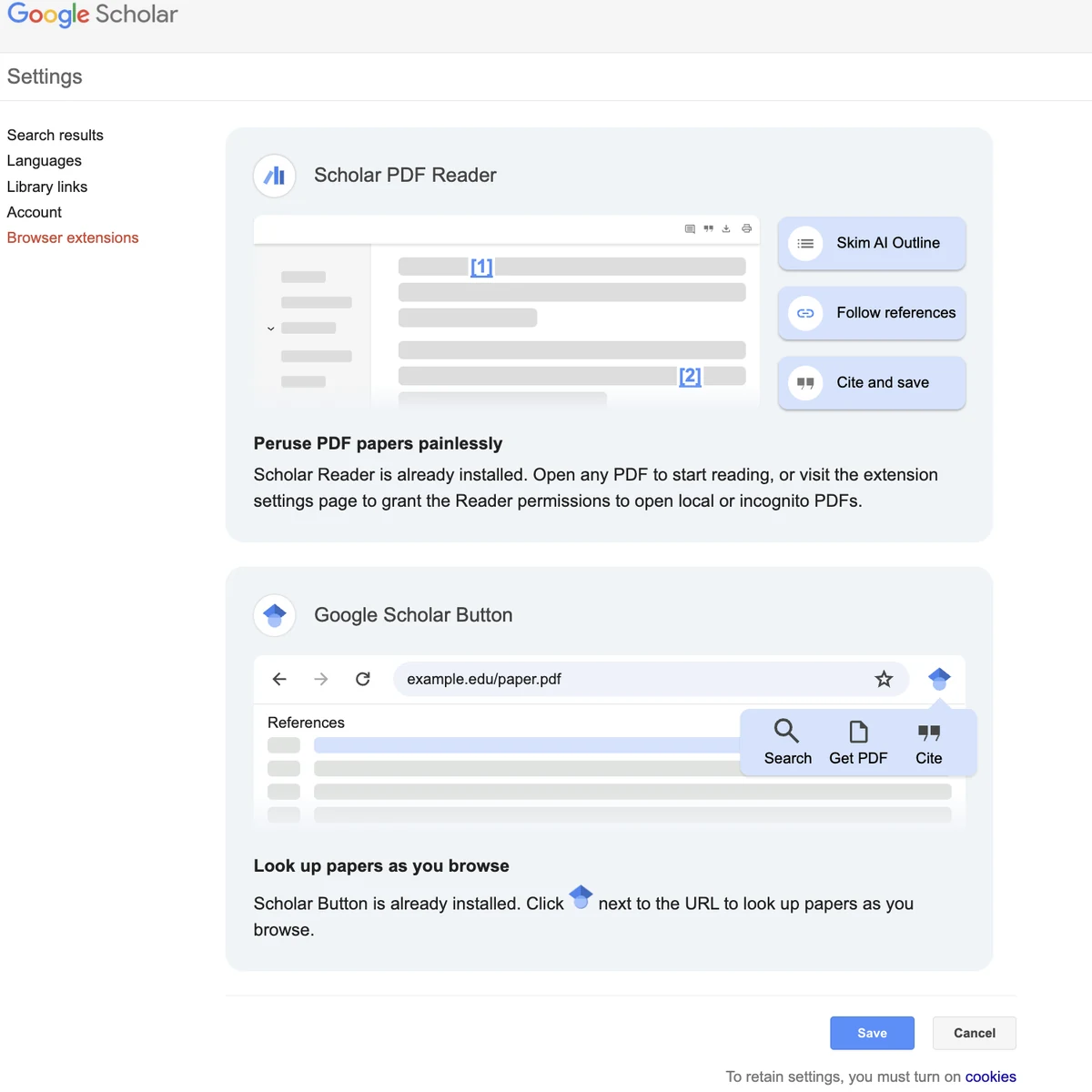 Google Scholar's Settings page, with Search results, Languages, Library links, Account and Browser extensions on the left. Browser extensions is open, showing two add-ons: Scholar PDF Reader (Skim AI Outline, Follow references, Cite and save) and Google Scholar Button (Search, Get PDF, Cite).