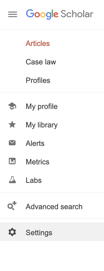 Google Scholar's menu: Articles, Case law, Profiles, My profile, My library, Alerts, Metrics, Labs, Advanced search and, at the bottom, Settings.